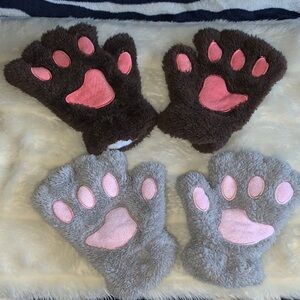 Y2K women's fingerless lined fluffy cat paw gloves mittens 2 pair